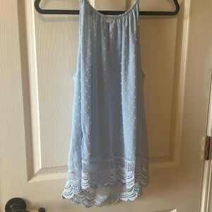 Blue sleeveless halter tie back blouse, size M